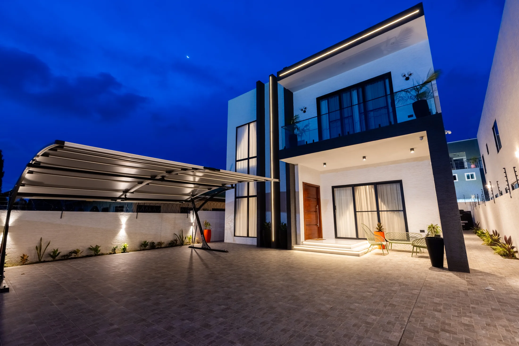 Private residence entrance at dusk