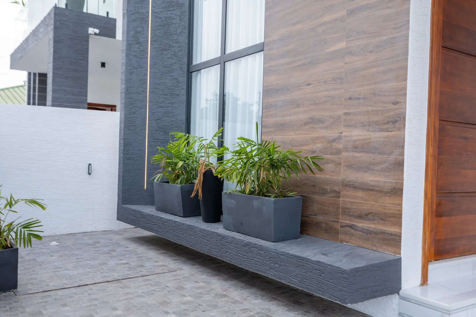 Facade detail with planting and tall windows